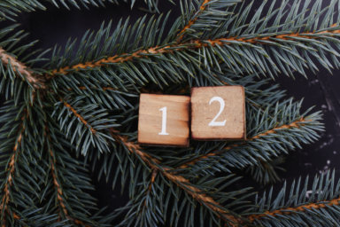 Advent calendar. Countdown to Christmas. Number twelve. Branches of blue spruce on a dark background.